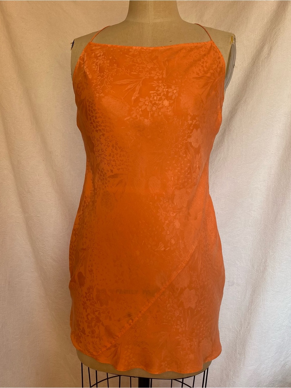Pure Silk Jacquard Orange Slip/Chemise with Spaghetti Straps